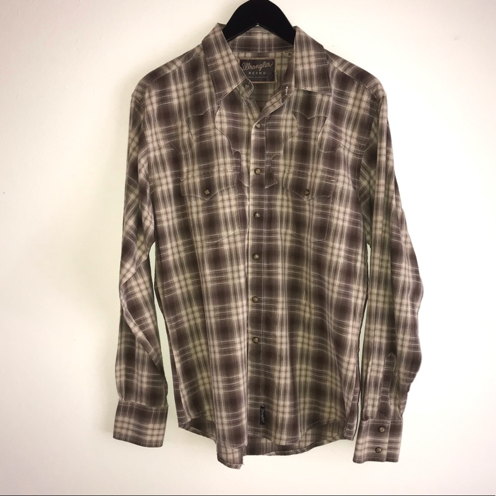 Wrangler Retro Pearl Snap Khaki/Brown Long Sleeve Button Up Shirt